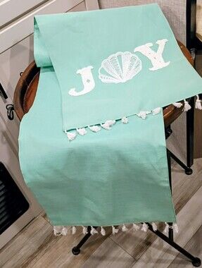Coastal Mint Table Runner with White Shell & Tassels home wear BRAND-NEW w/tags